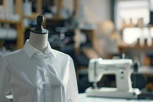 mannequin avec blanc chemise dans le moderne mode conception studio. photo