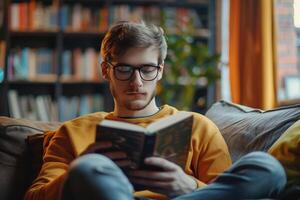 Jeune homme avec livre dans le sien mains séance dans une vivant pièce sur une canapé. photo