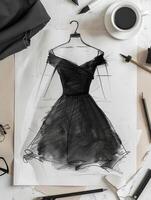 Haut vue de esquisser de peu noir robe sur papier sur une tableau. photo