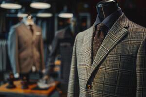 mannequin dans une gris Pour des hommes veste dans une moderne tailleur magasin. photo