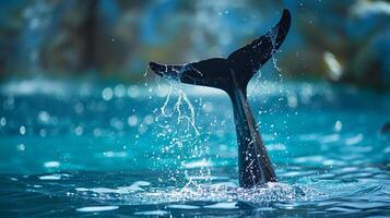 proche en haut dauphin queue dans le Profond mer l'eau. concept pour monde océan journée. photo