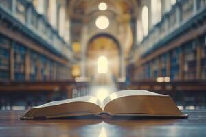 ouvert livre sur une tableau. flou vieux bibliothèque sur une Contexte. photo