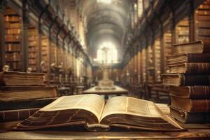 ouvert livre sur une table avec piles de livres sur le côtés. flou vieux bibliothèque sur une Contexte. photo