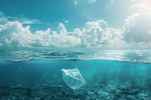 Plastique sac flottant en dessous de le l'eau dans le océan. photo