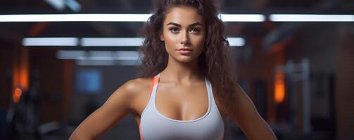 portrait de une mode femme dans une salle de sport, frisé Cheveux de une femme, portrait de une jolie Jeune mode modèle, jolie mode fille bannière photo