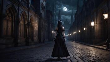 une magnifique Goth fille avec longue tout droit cheveux dans une court noir robe est en marchant par une gothique ville photo