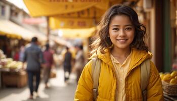 asiatique des gamins dans traditionnel marché portant Jaune veste. photo