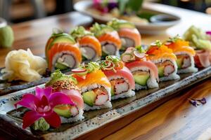 coloré Sushi Rouleaux avec Frais poisson, Avocat et concombre photo