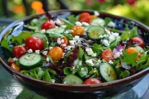 une coloré salade plein de feuillu légumes verts. Cerise tomates, concombre et en miettes feta fromage photo