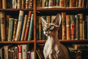 une curieuse cornouaillais Rex chat explorant une encombré étagère à livres, ses mince corps tissage gracieusement entre le Lignes de livres photo