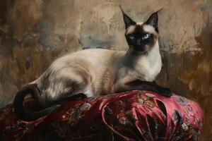 une serein birman chat se prélasser sur une velours coussin, ses chaud marron manteau mélange en toute transparence avec le luxueux en tissu photo