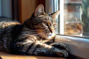 une majestueux tigré chat se prélasser dans une ensoleillé fenêtre, ses fourrure embrasé avec chaleur et douceur photo