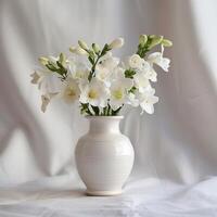 une porcelaine vase détient une bouquet de parfumé freesia fleurs. photo