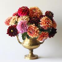 ancien style laiton vase en portant une bouquet de coloré dahlias. photo