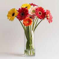 un élégant verre vase avec grappes de animé gerbera fleurs. photo