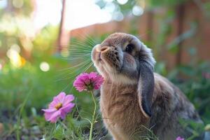 une Hollande élaguer lapin avec longue moustaches contractions musculaires, reniflement une fleur photo