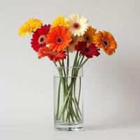 un élégant verre vase avec grappes de animé gerbera fleurs. photo