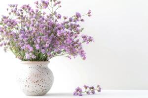 magnifiquement arrangé statice et caspia fleurs dans une vase. sur une blanc Contexte photo