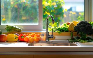entête photo de cuisine évier avec des fruits et herbes sur comptoir.