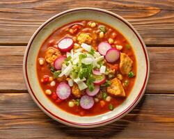 Haut vue de rouge pozole plat isolé sur en bois Contexte photo