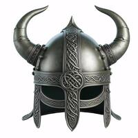 une viking casque avec deux cornes, fabriqué de métal avec une celtique nœud conception autour le bas photo
