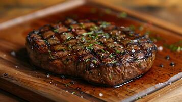 steak sur Coupe planche avec couteau. génératif par ai photo