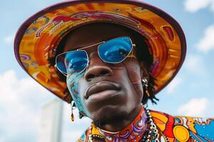 élégant homme dans coloré chapeau et des lunettes de soleil. photo