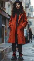 femme dans rouge manteau et chapeau sur trottoir. génératif par ai photo