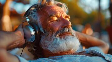 mature homme écoute à la musique avec écouteurs. générative-ai photo