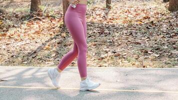 femme jambes dans rose leggings, le jogging sur une parc sentier entouré par déchue feuilles. photo