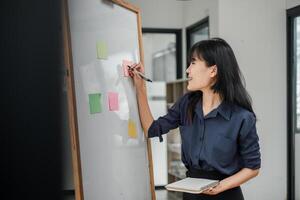 femme d'affaires est activement l'écriture sur coloré gluant Remarques sur une tableau blanc, organiser sa flux de travail. photo