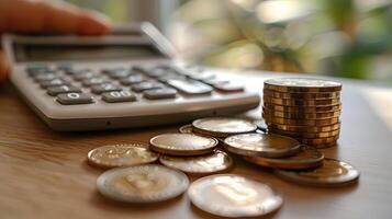 calculatrice sur table avec pièces de monnaie. photo