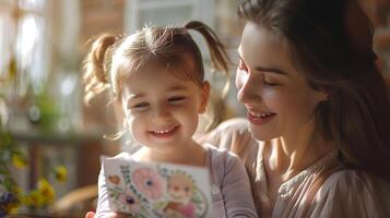 le fille donne sa mère une salutation carte. générative-ai photo