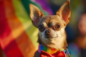 à la mode chihuahua animal de compagnie chien dans fierté parade. concept de lgbtq fierté. photo