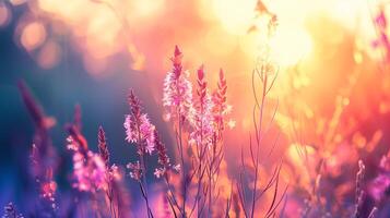 magnifique champ de violet fleurs dans le coucher du soleil lumière photo