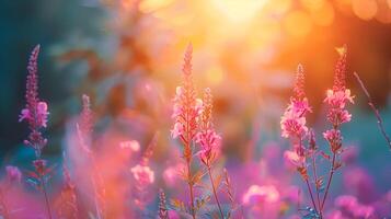 magnifique champ de violet fleurs dans le coucher du soleil lumière photo