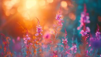 magnifique champ de violet fleurs dans le coucher du soleil lumière photo