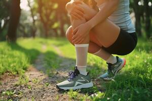 le genou mixte douleur dans sportive dans le parc photo