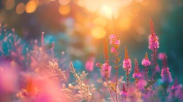 magnifique champ de violet fleurs dans le coucher du soleil lumière photo