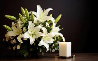 solennel hommage - magnifique blanc fleurs de lys bouquet et brûlant bougie sur foncé Contexte photo