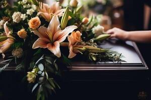 sympathique hommage - mains pose lis bouquet sur cercueil couvercle - deuil concept photo