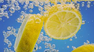 sous-marin citron tranche dans un soda l'eau ou limonade avec bulles. photo