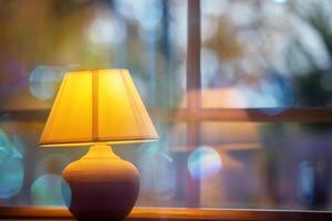 Jaune confortable lampe sur une bleu bokeh Contexte. photo