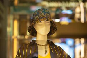 une femelle mannequin dans une Panama chapeau derrière le verre de une boutique la fenêtre. photo
