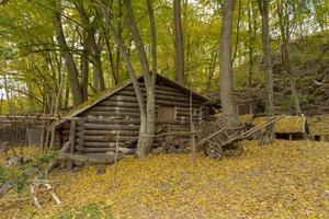 vieille cabane en bois dans la forêt d'automne parsemée de feuilles
