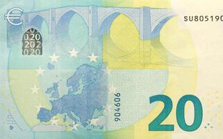 fragment de un vingt euro argent facture. détails de européen syndicat devise billet de banque de 20 euro photo