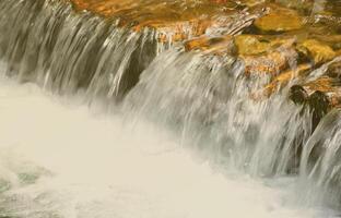 une petite cascade. la différence de hauteur du débit d'eau dans la rivière est équipée de bûches rondes en bois photo