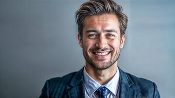 portrait de une souriant homme d'affaire affichage confiance et professionnalisme dans une à la mode costume photo