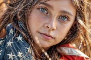 américain fille dans patriotique drapeau robe avec bleu étoiles et rouge rayures mise en évidence beauté et jeunesse photo