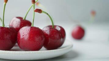 fermer de Frais rouge cerises avec gouttes d'eau sur une blanc assiette symbolisant l'été mûr et vibrant dessert photo